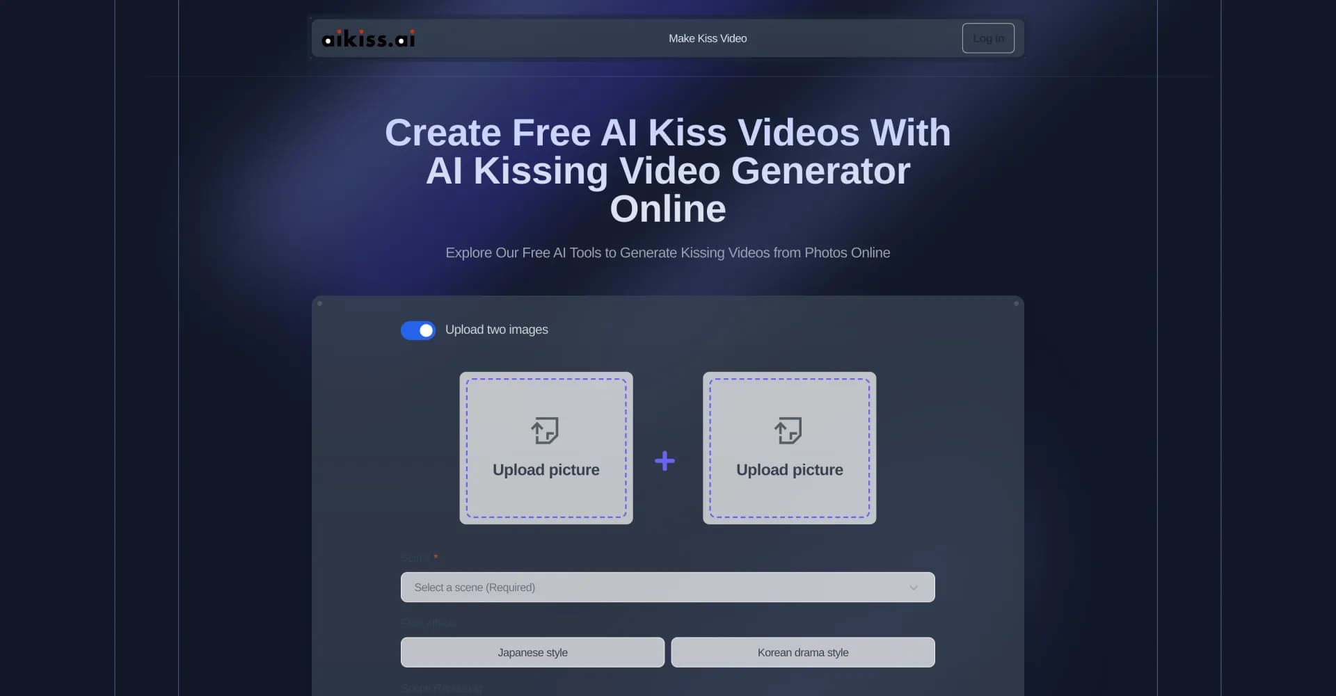 AI Kiss Video Generator homepage screenshot — Create AI kissing videos from photos instantly.
