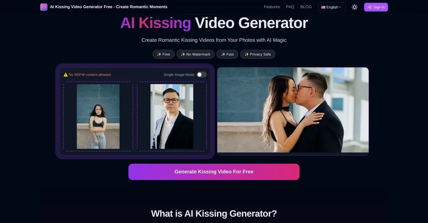 AI Kissing Video Generator homepage screenshot — Create romantic kissing videos from photos with AI magic