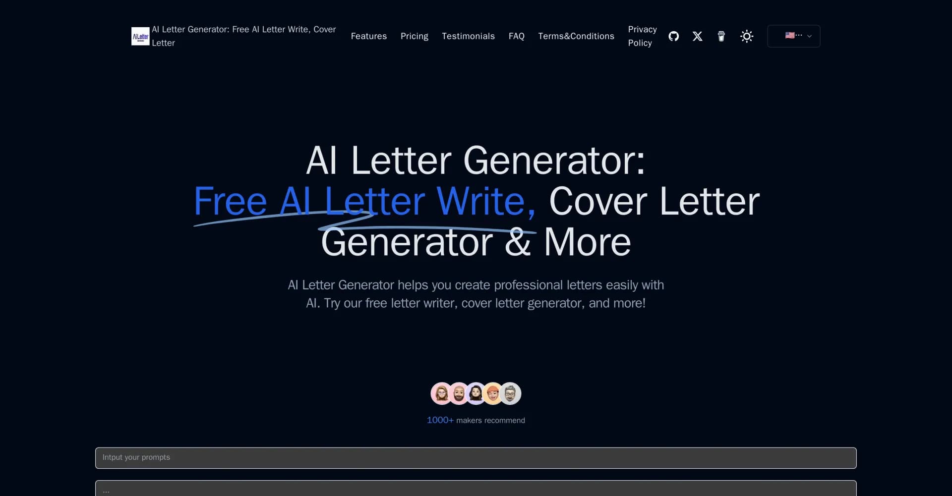 AI Letter Generator homepage screenshot — Create professional letters effortlessly with AI