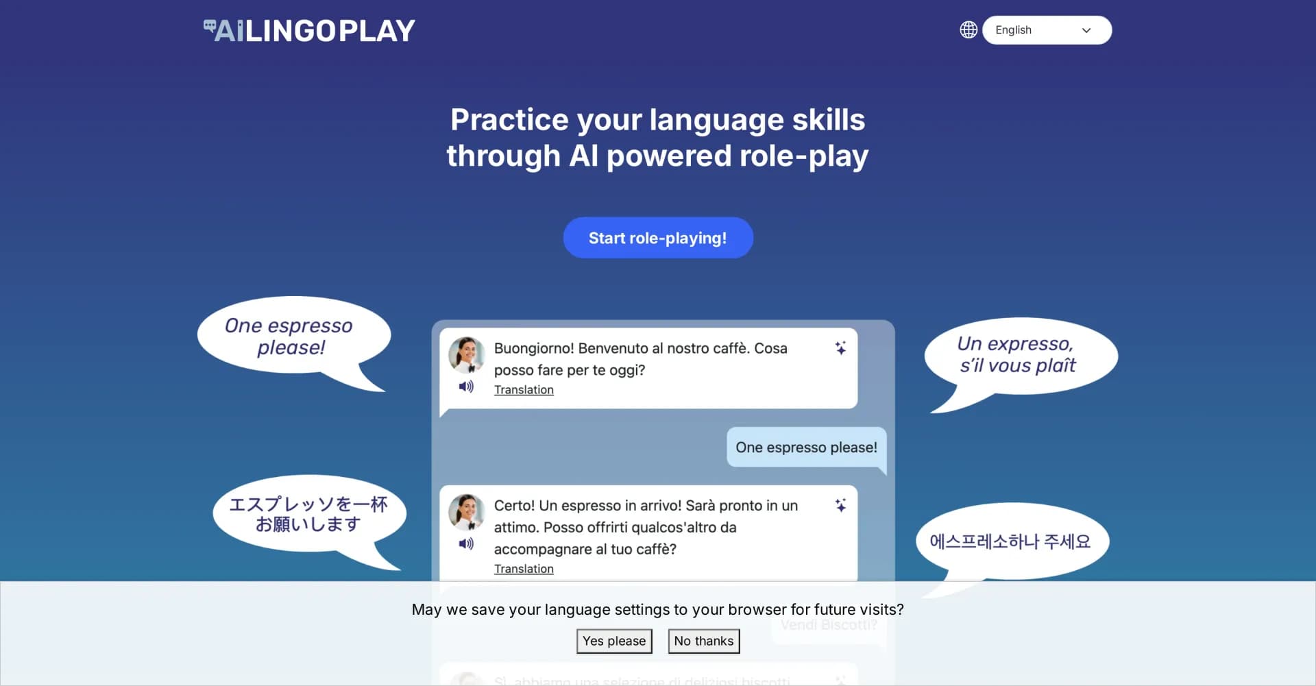 AI LingoPlay homepage screenshot — Master languages through AI-powered role-play conversations