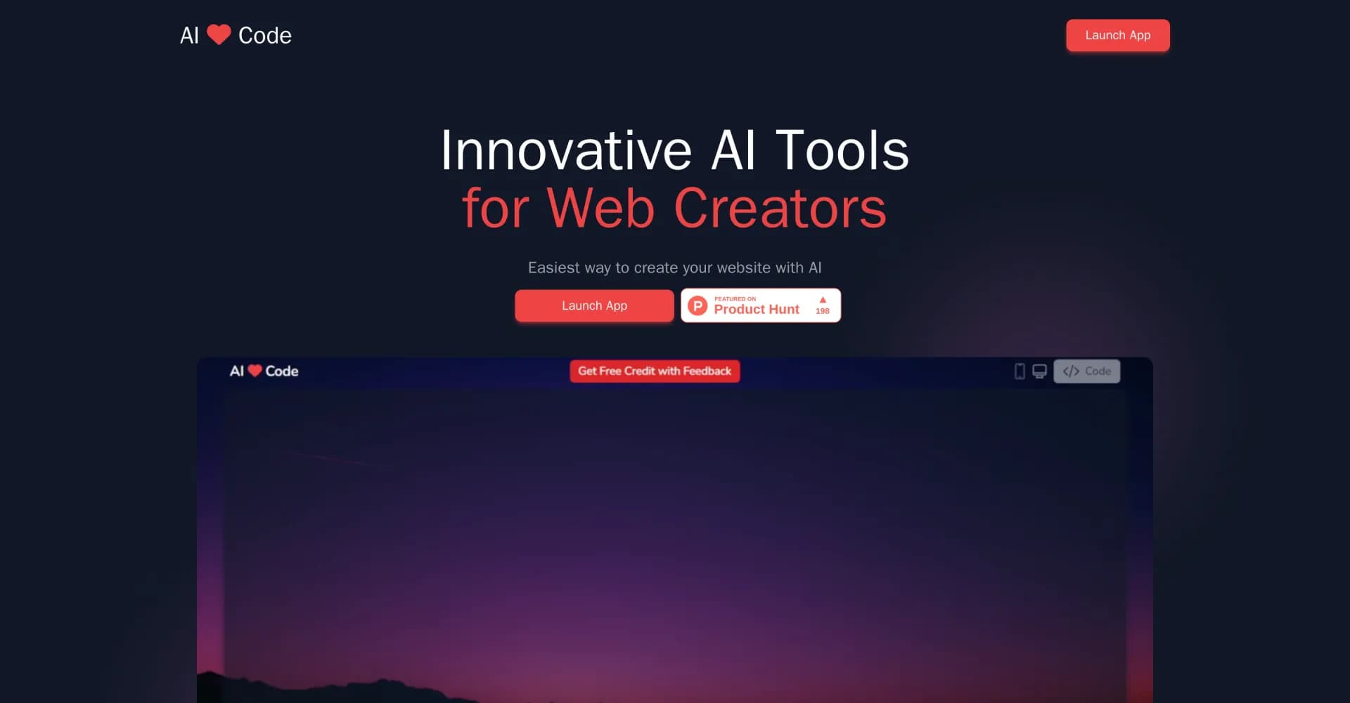 AI Love Code homepage screenshot — Create stunning websites effortlessly with AI