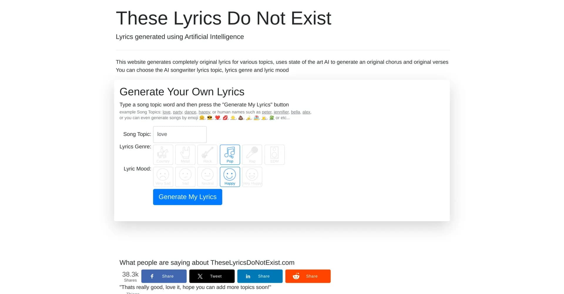 AI Lyrics Generator homepage screenshot — AI-generated original lyrics on demand