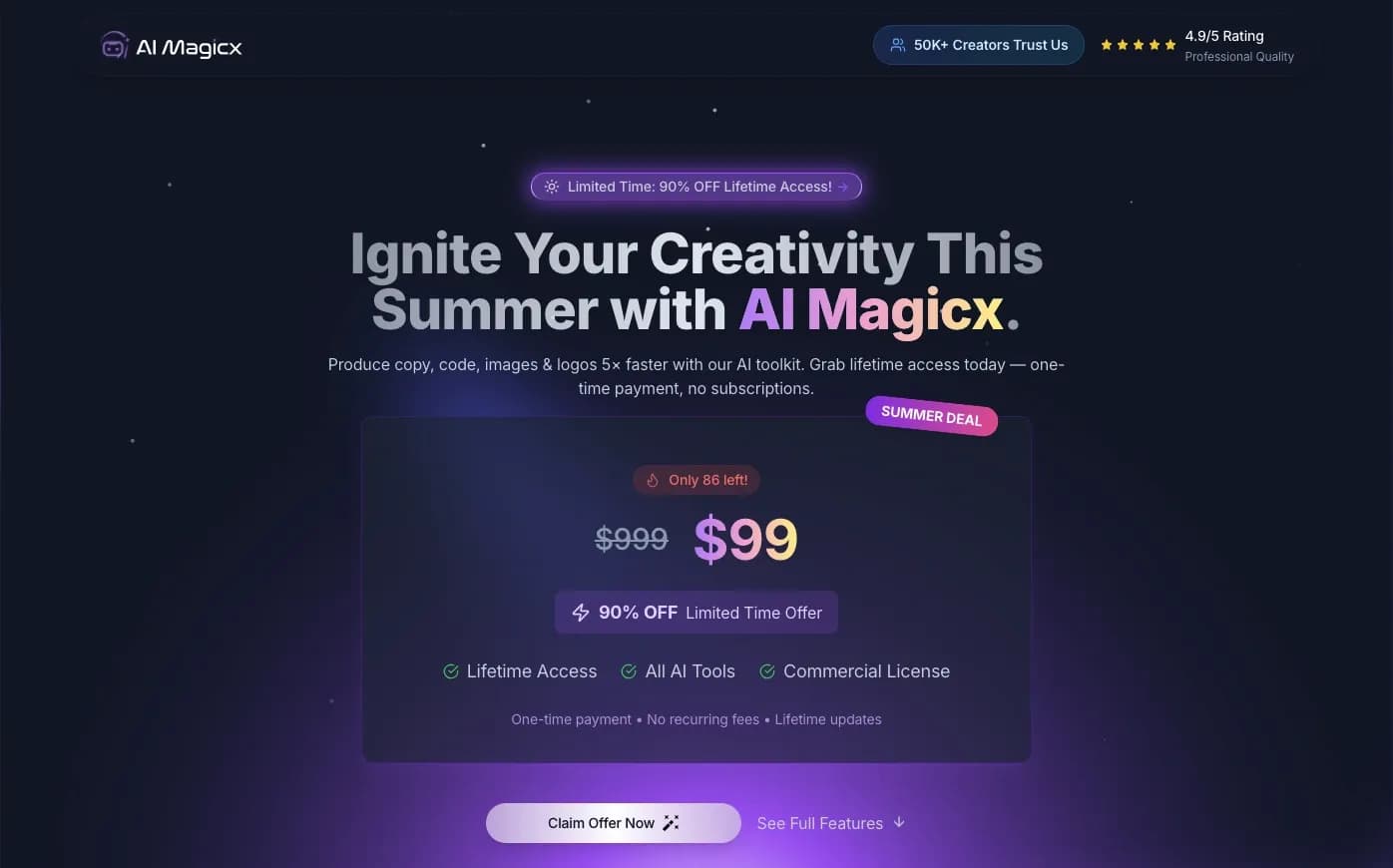AI Magicx homepage screenshot — AI-enhanced content, code, and e-commerce optimization.