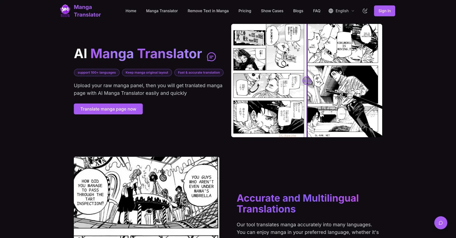 AI Manga Translator homepage screenshot — Instantly translate manga into 100+ languages.