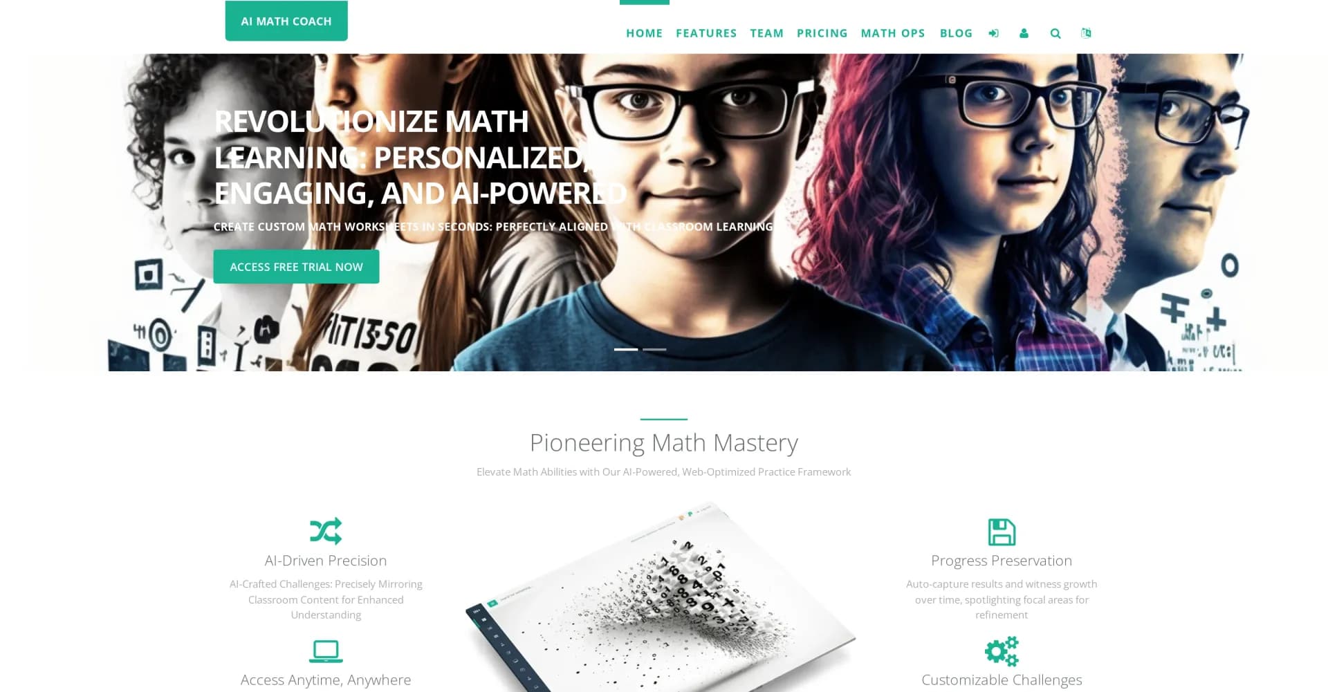 AI Math Coach homepage screenshot — Revolutionize math learning with AI-powered personalization