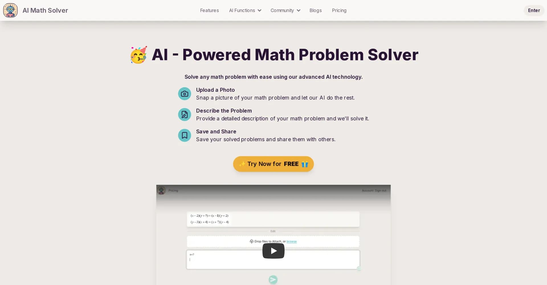 AI Math Solver homepage screenshot — AI-powered solution for any math problem.