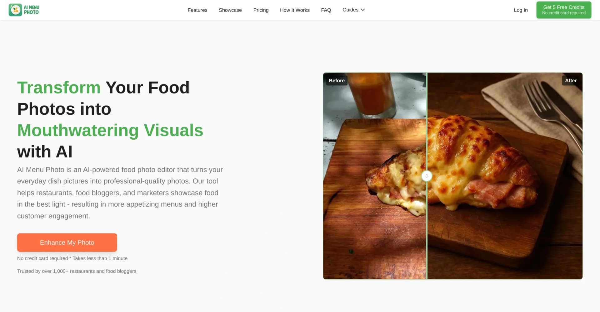 AI Menu Photo homepage screenshot — Instantly transform food photos into menu-ready masterpieces