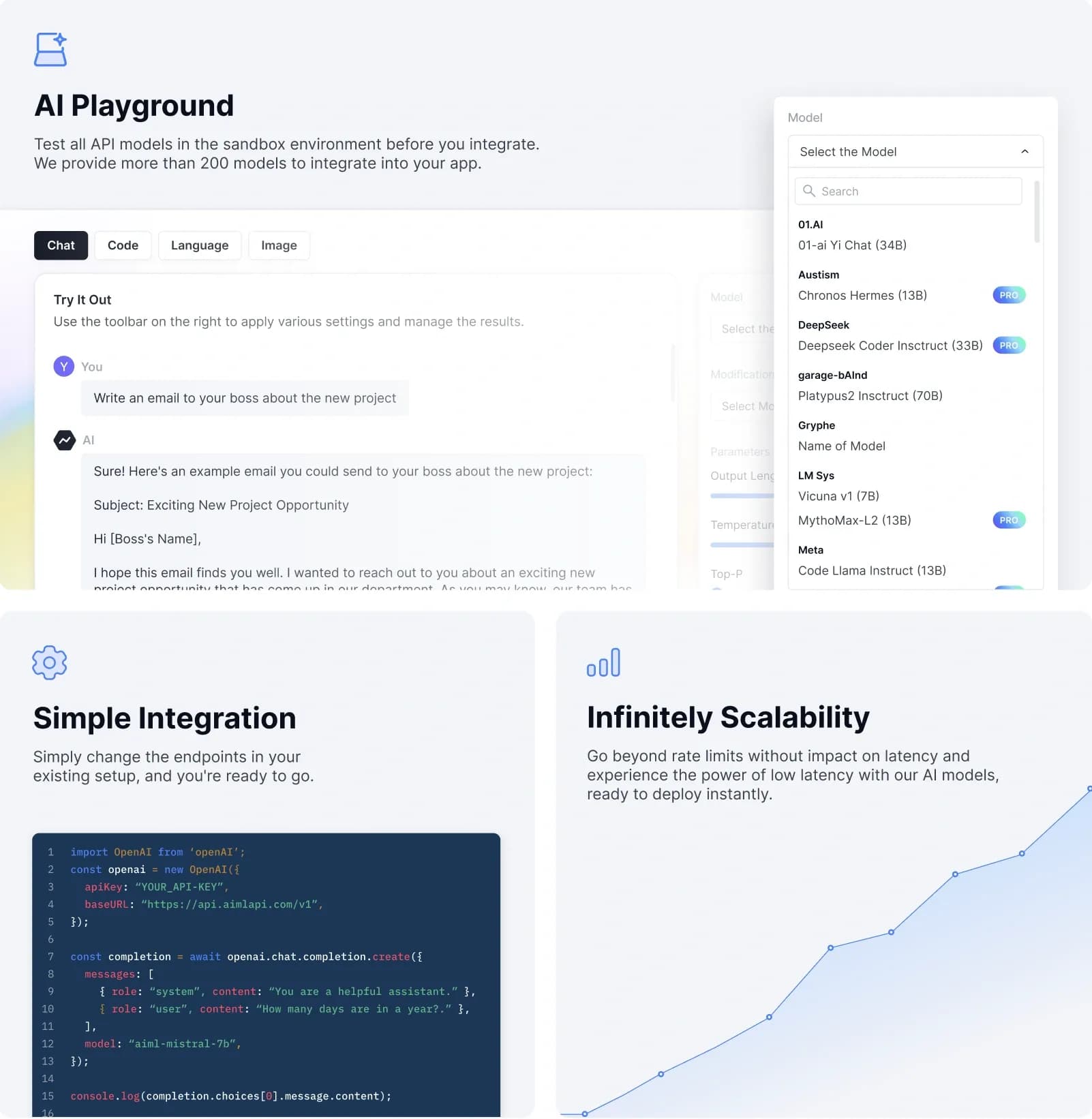 AI/ML API homepage screenshot — Access 200+ AI models via 1 API.