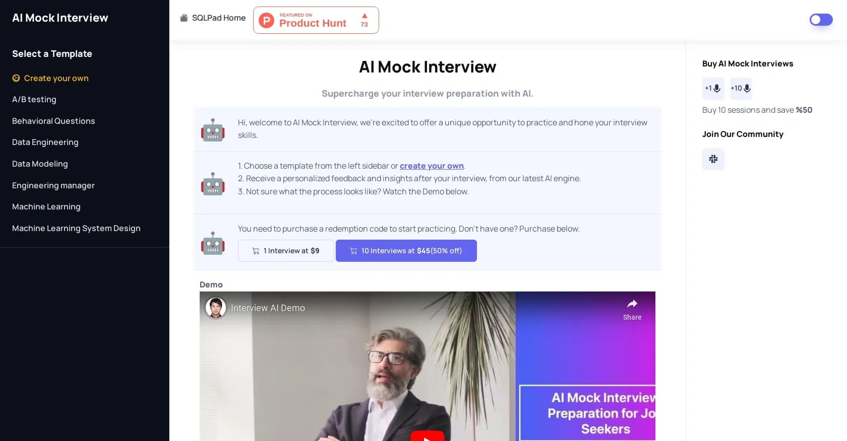 AI Mock Interview homepage screenshot — Supercharge interview prep with AI mock interviews.