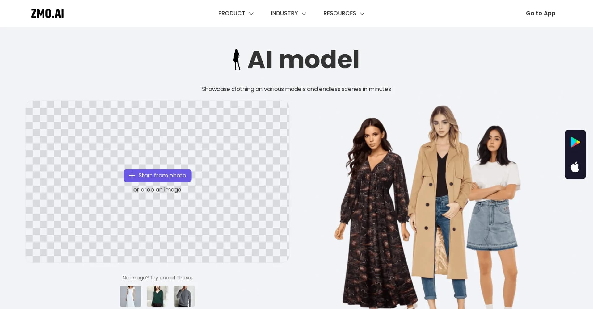 AI model by ZMO homepage screenshot — Change photo backgrounds realistically in seconds