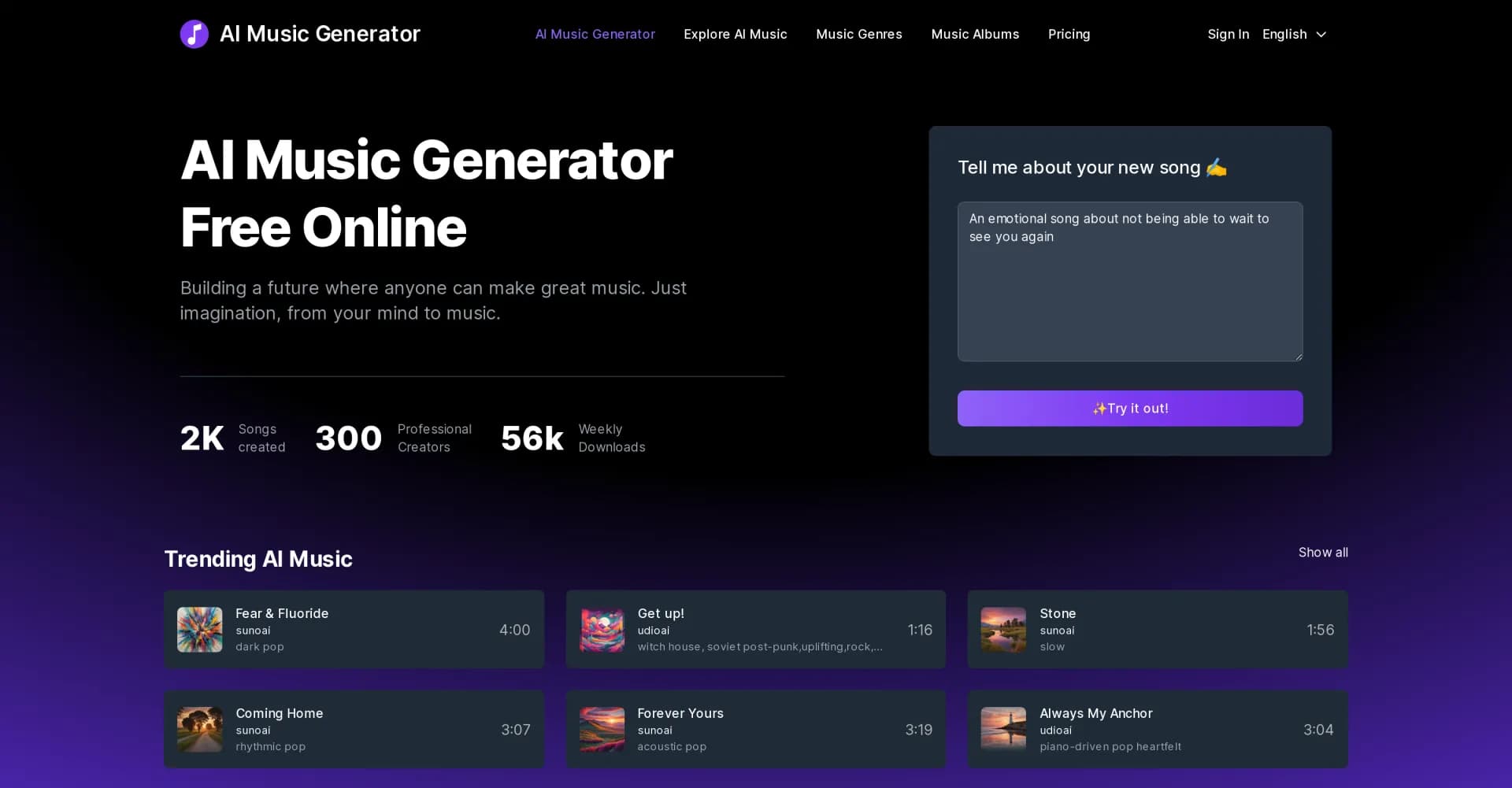 AI Music Generator homepage screenshot — Create unique AI songs for free.