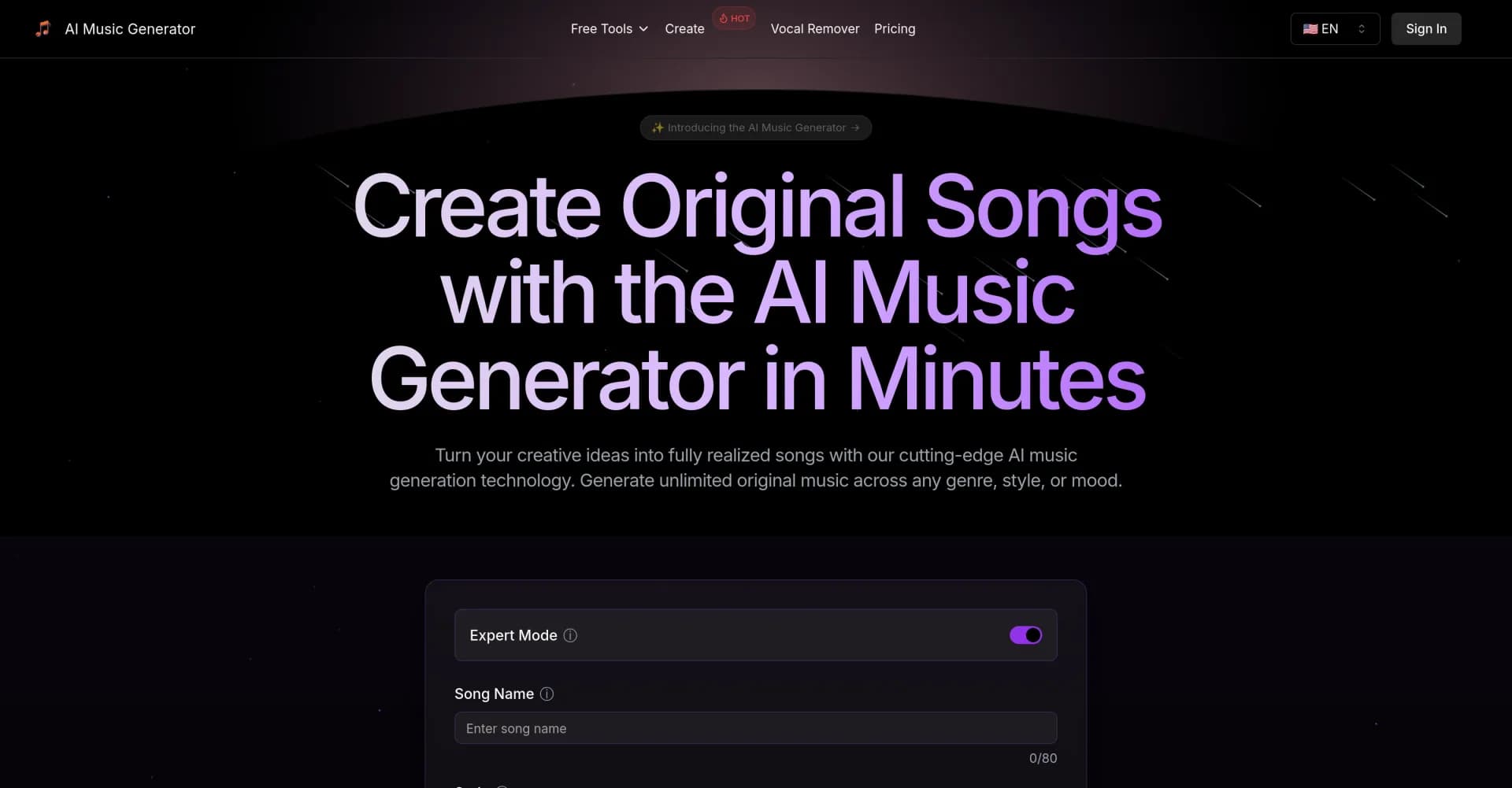 AI Music Generator homepage screenshot — Create original songs in minutes with AI