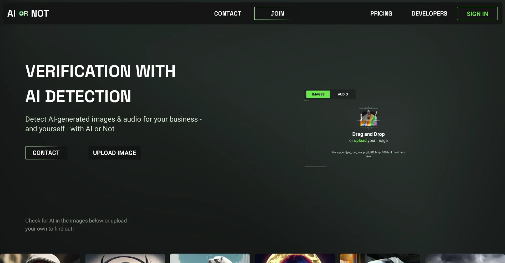 AI or Not homepage screenshot — Detect AI-generated content in images and audio.