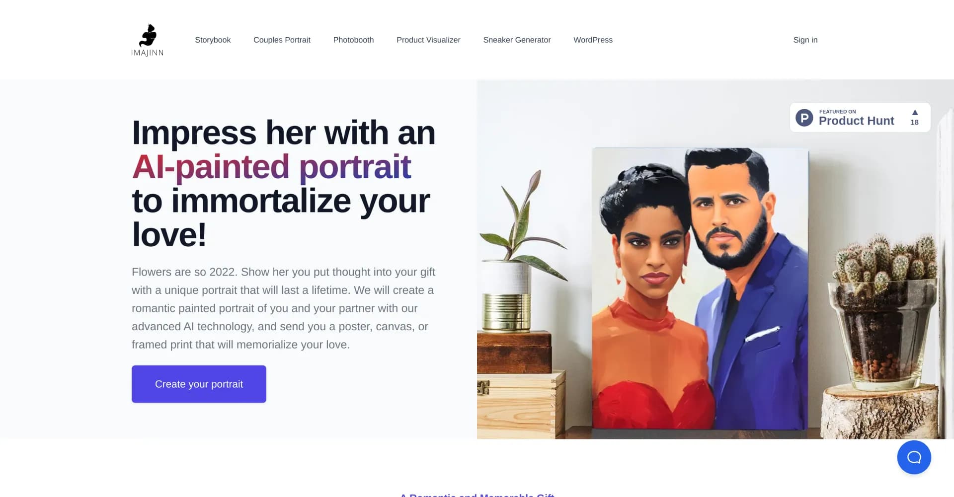 AI Couple Portrait Canvas by Imajinn AI homepage screenshot — AI-painted couple portraits to immortalize your love.