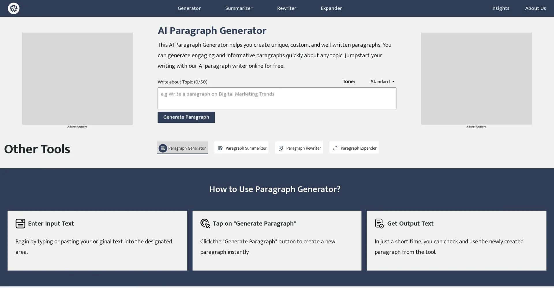 AI Paragraph Generator homepage screenshot — Create unique paragraphs instantly with AI.