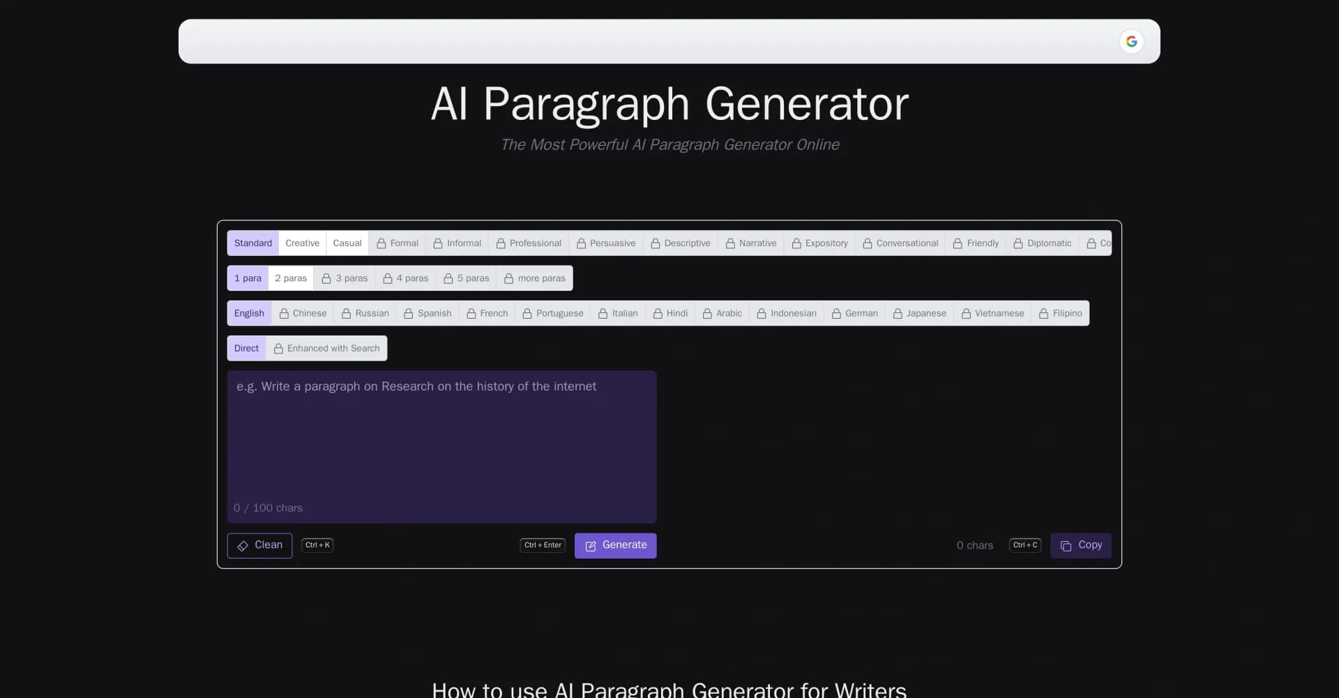 AI Paragraph Generator homepage screenshot — Transform ideas into engaging paragraphs instantly.