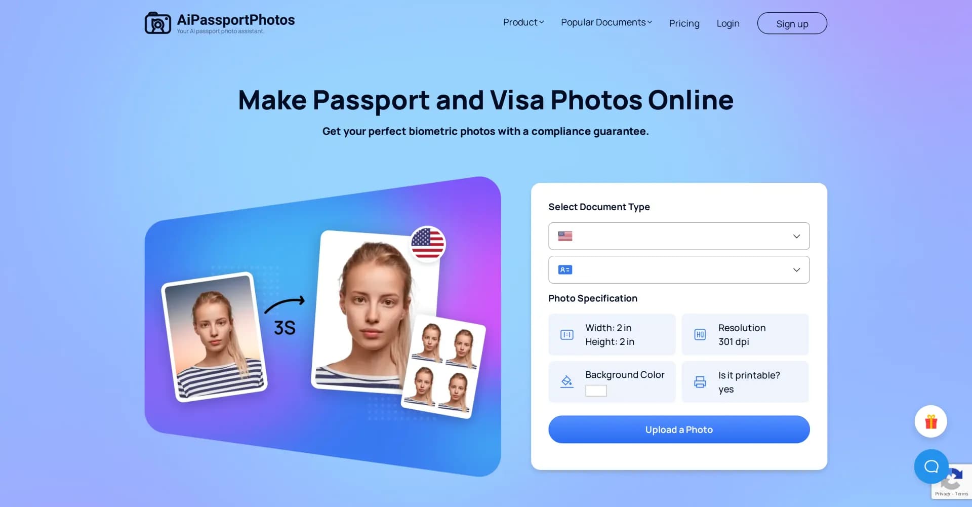 AI Passport Photos homepage screenshot — Create perfect passport photos instantly with AI