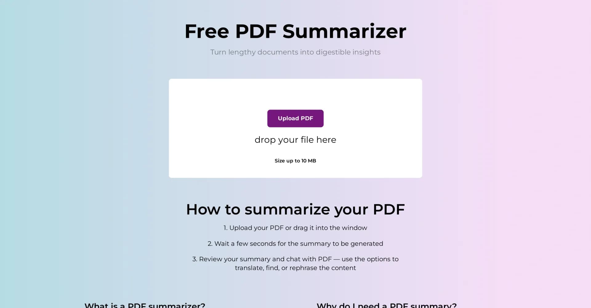 AI PDF Summarizer homepage screenshot — Turn PDFs into digestible insights instantly.