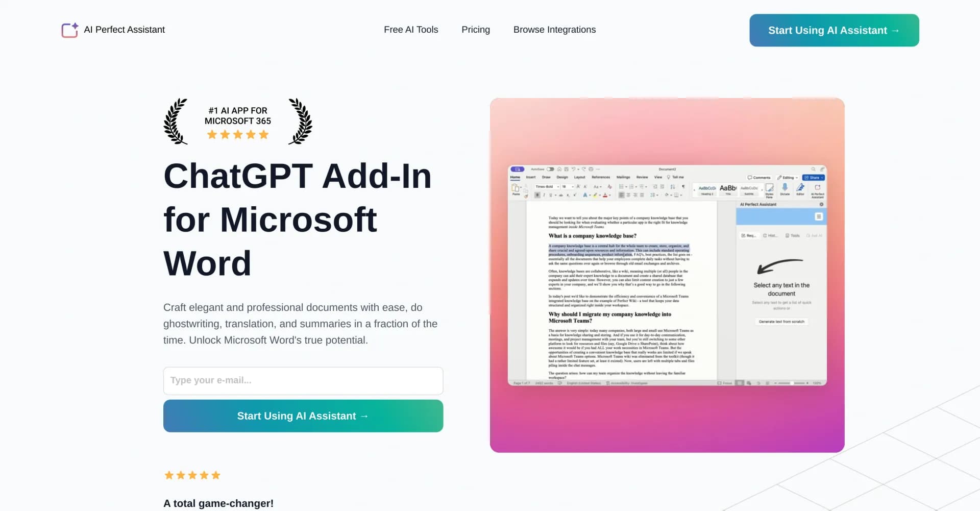 AI Perfect Assistant homepage screenshot — Supercharge Word with AI-powered writing assistance.