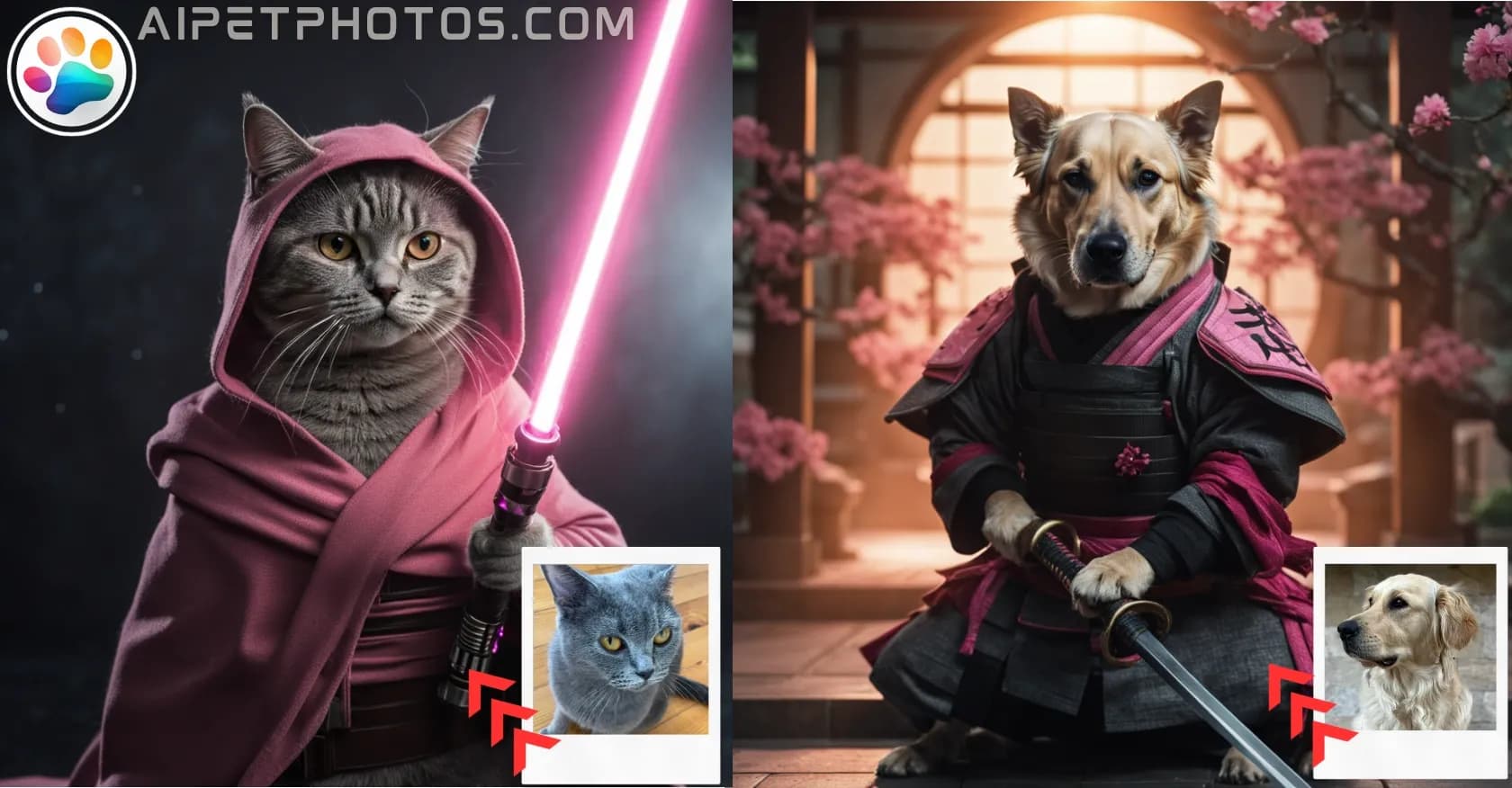 AI Pet Photos homepage screenshot — Transform pets into unique characters with AI.