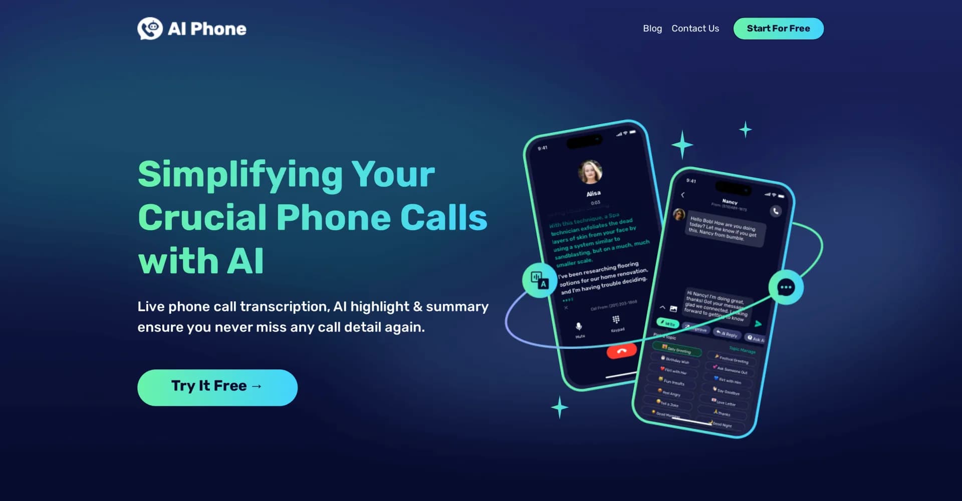 AI Phone homepage screenshot — Simplifying your crucial phone calls with AI