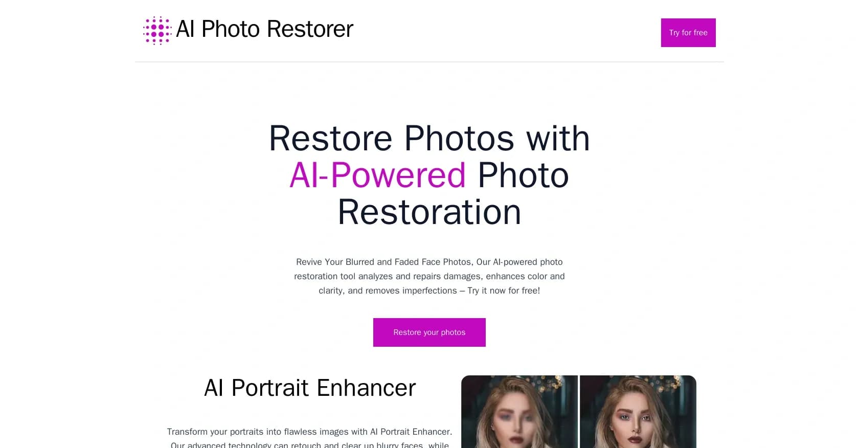 AI photo restorer homepage screenshot — Refined image, with facial touch-ups and upscaling.