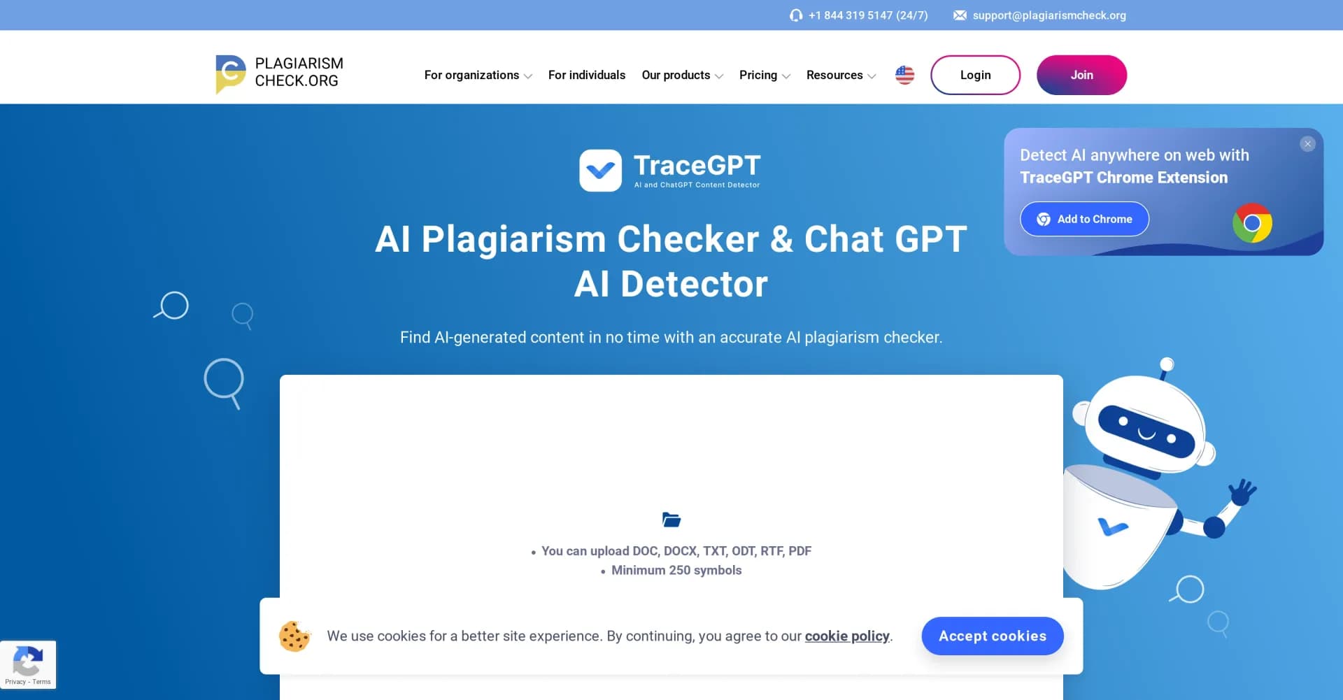 AI Plagiarism Checker homepage screenshot — Find AI generated content in no time