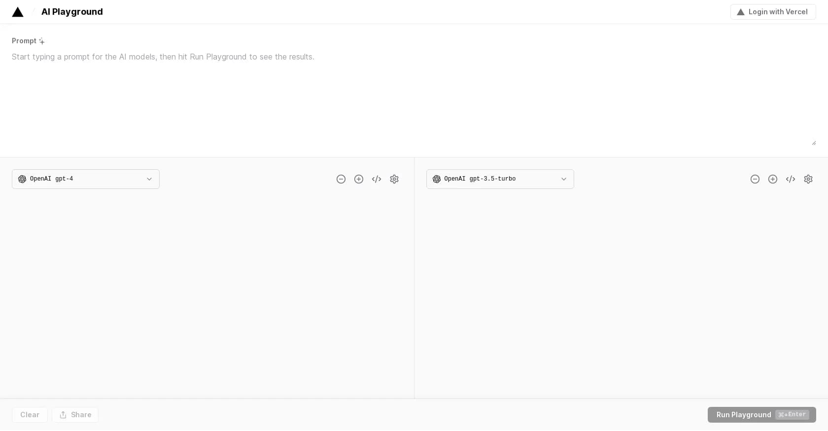 AI Playground by Vercel homepage screenshot — Compare and play with top AI language models