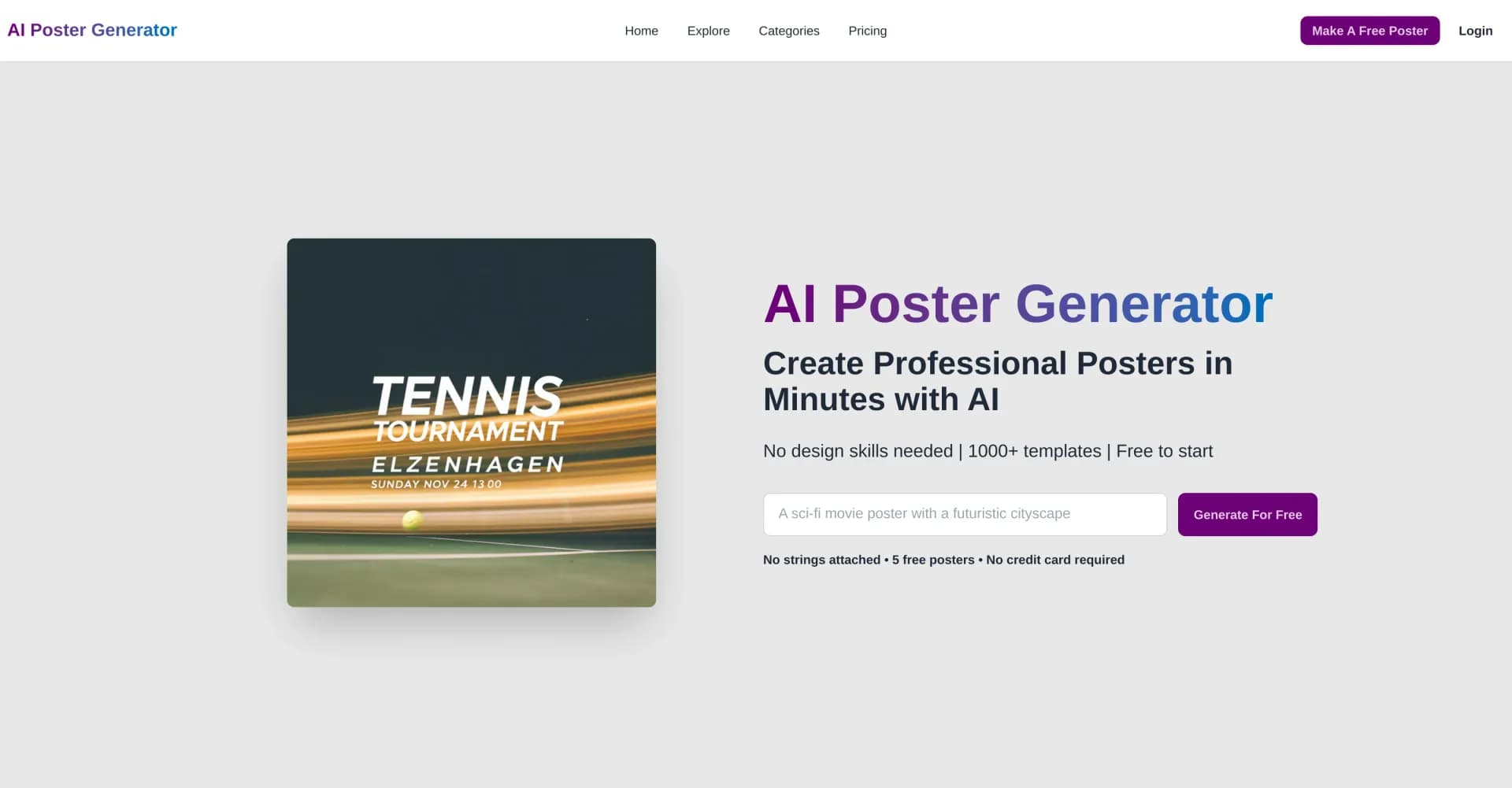 AI Poster Generator homepage screenshot — Create stunning posters instantly with AI
