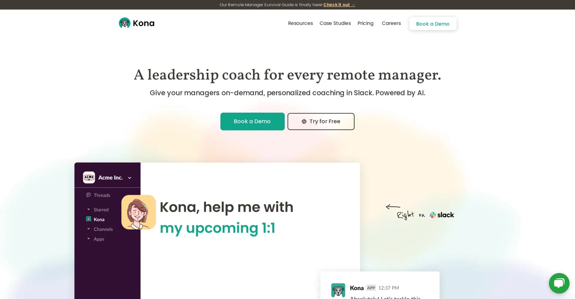 AI-Powered Coaching by Kona homepage screenshot — AI leadership coach for difficult conversations and meetings