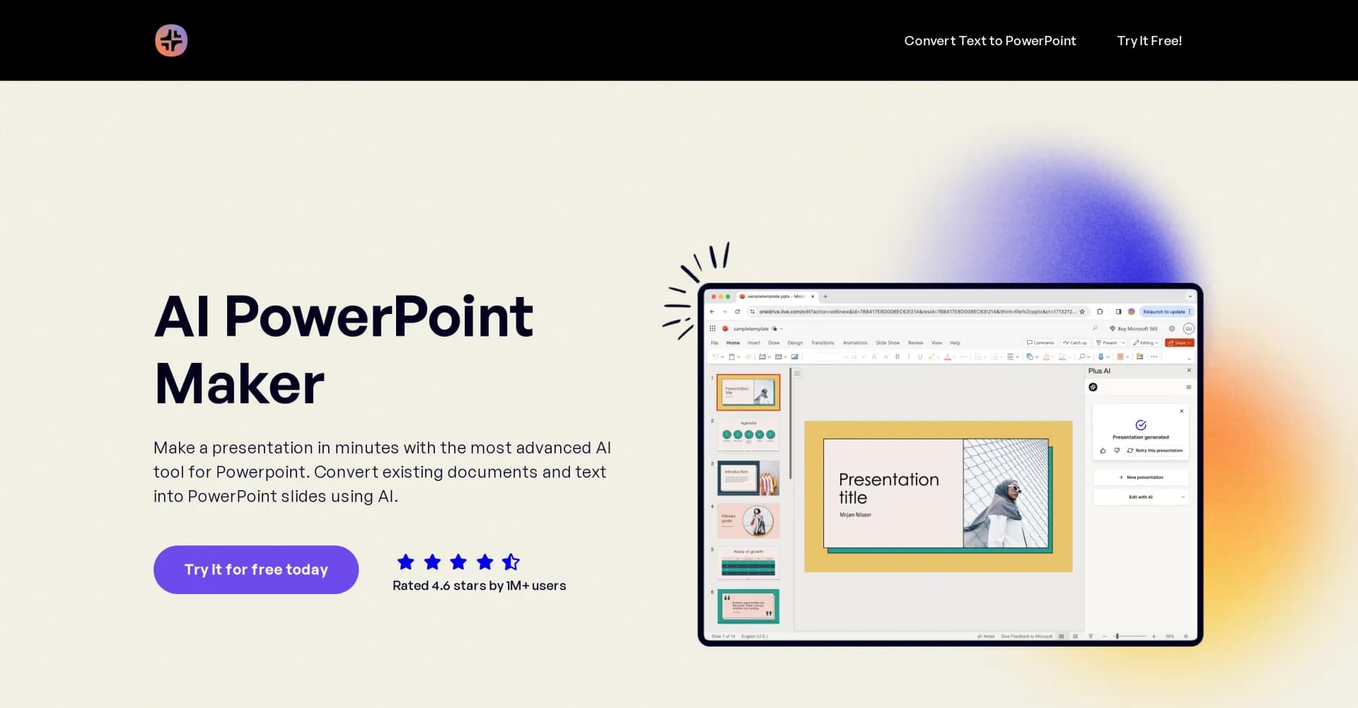 AI PowerPoint Maker homepage screenshot — Create presentations in minutes with AI
