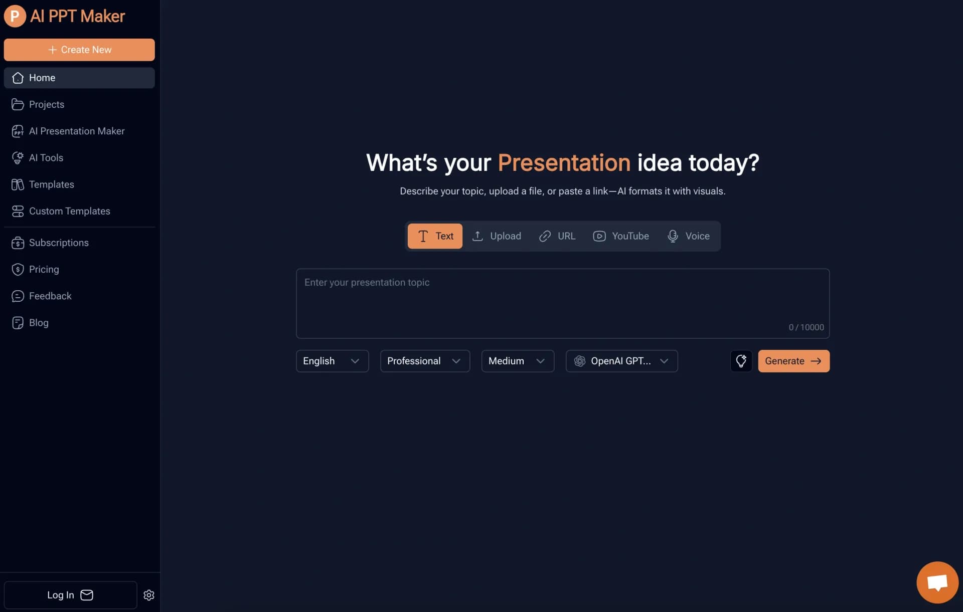 AI PPT Maker homepage screenshot — AI turns your ideas into PowerPoint presentations instantly.