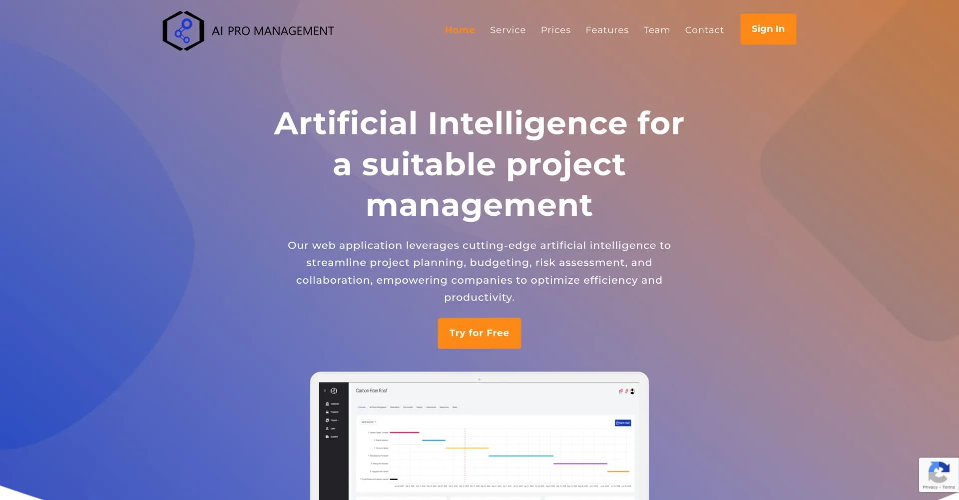 AI Pro Management homepage screenshot — AI-powered project management for peak efficiency.