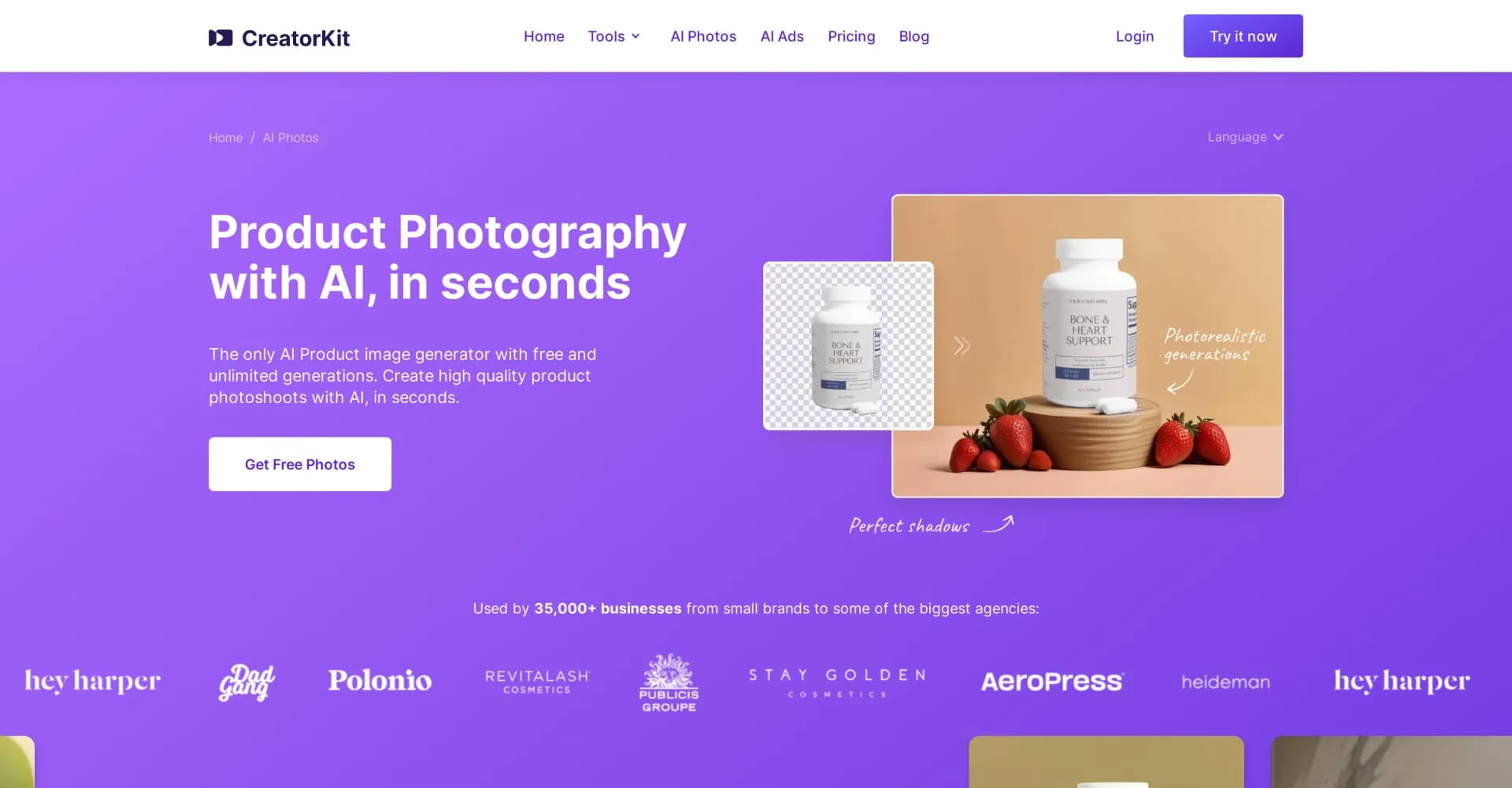 AI Product Photos by CreatorKit homepage screenshot — Generate stunning product photos instantly with AI