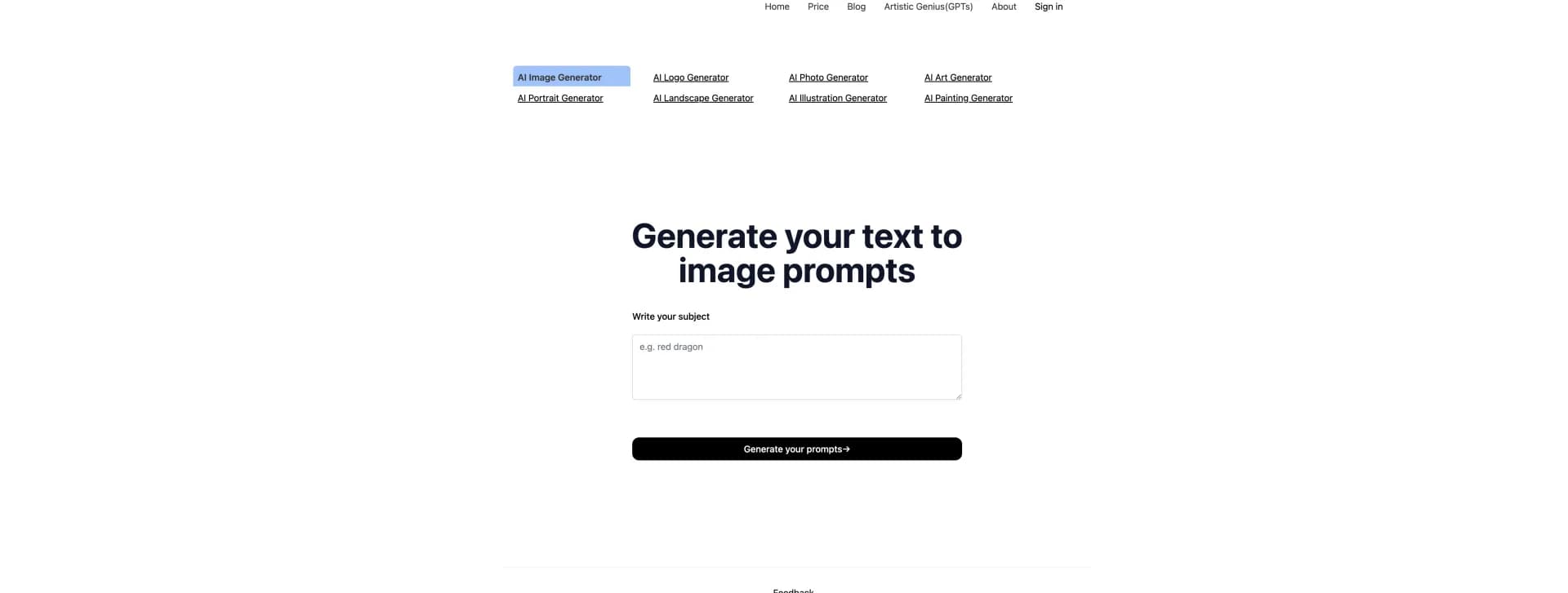 AI Prompt Generator homepage screenshot — Create stunning AI art prompts instantly