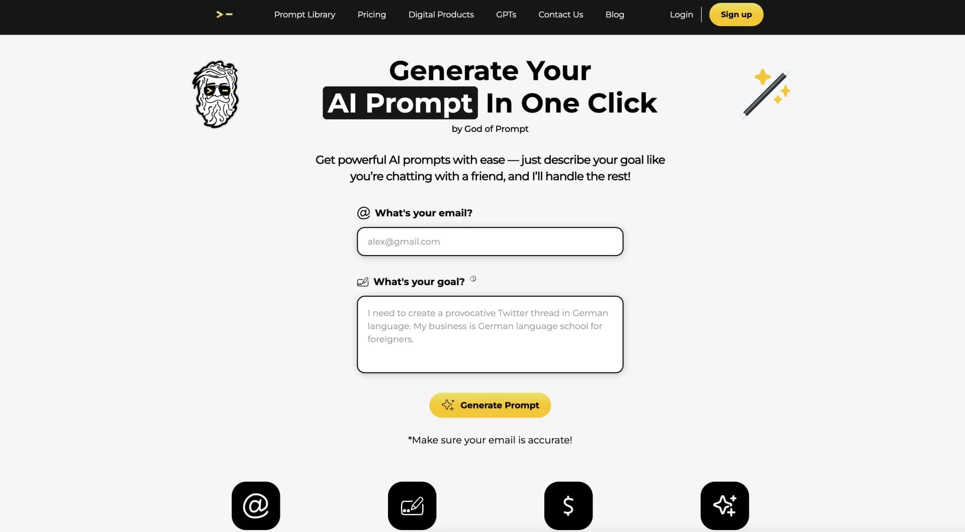 AI Prompt Generator by God of Prompt homepage screenshot — Generate powerful AI prompts in one click