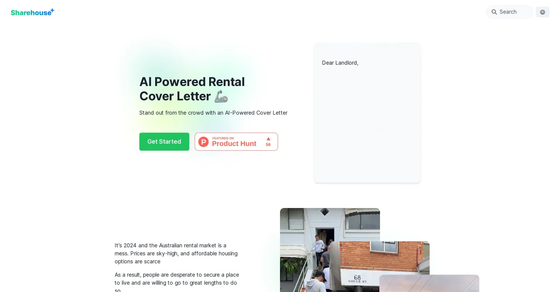 AI Powered Rental Cover Letter homepage screenshot — AI-powered cover letters to secure your dream rental