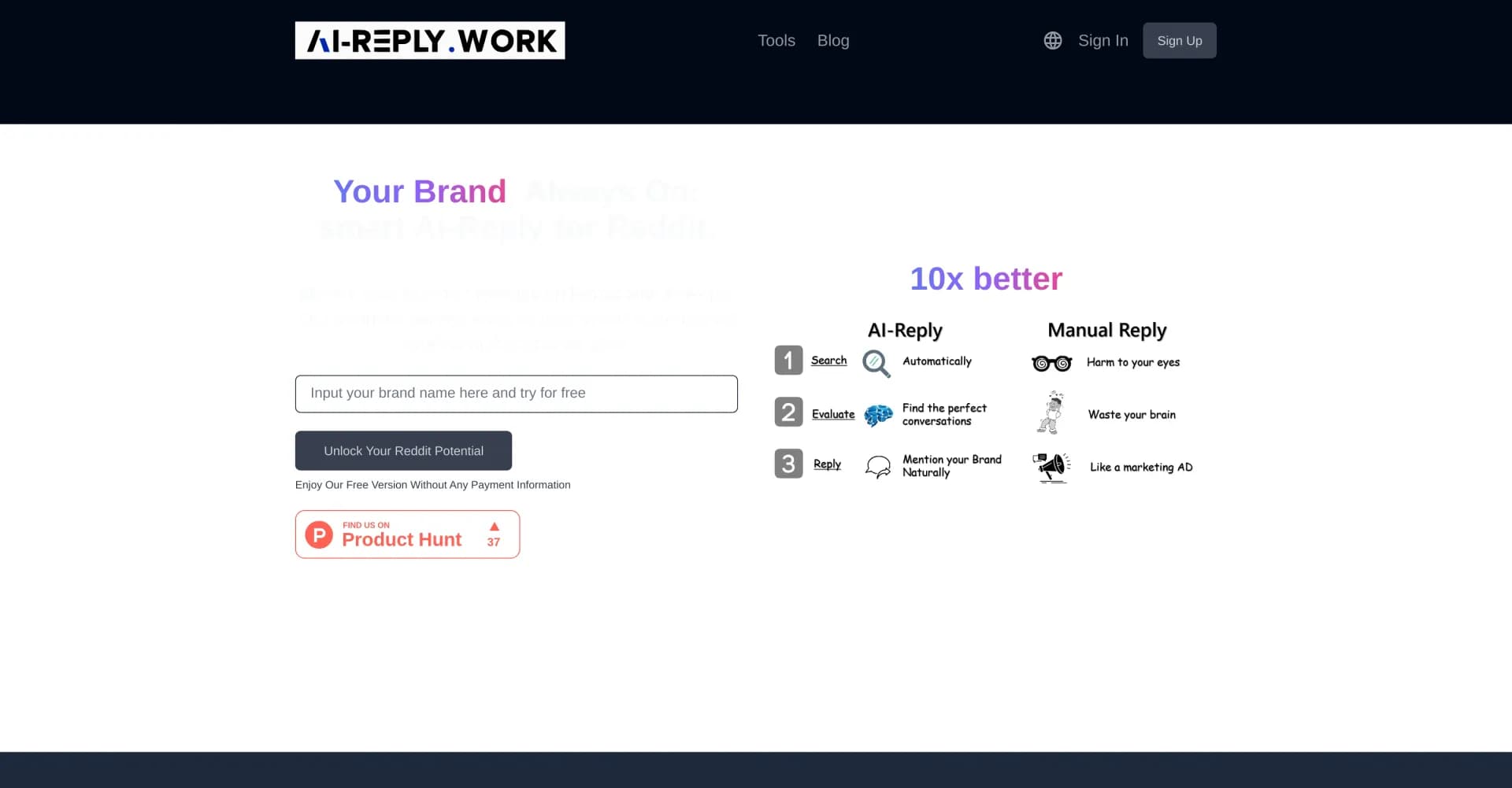 AI-Reply homepage screenshot — Smart AI replies boost your brand on Reddit 24/7.