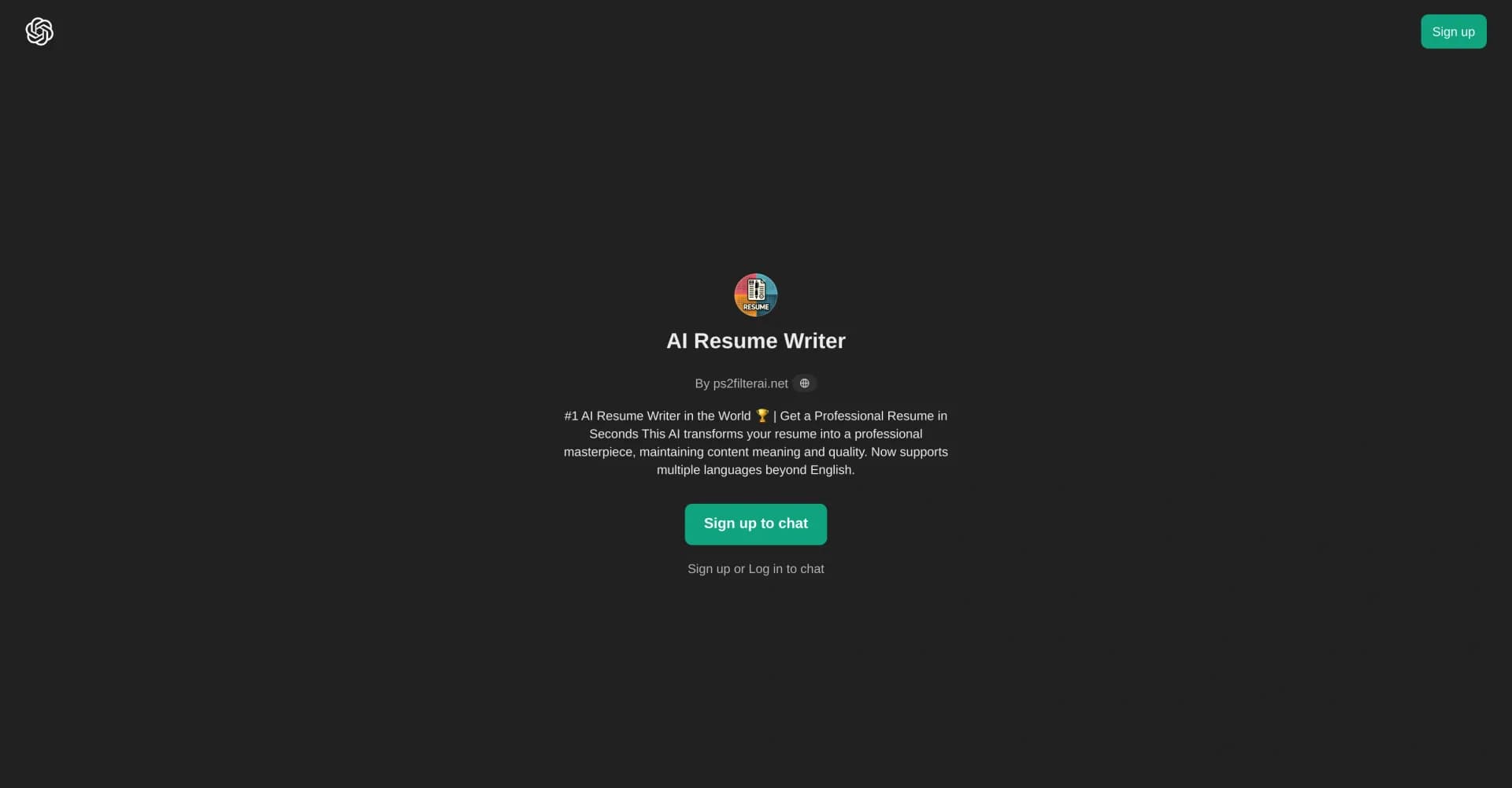 AI Resume Writer homepage screenshot — Transform your resume into a professional masterpiece in sec