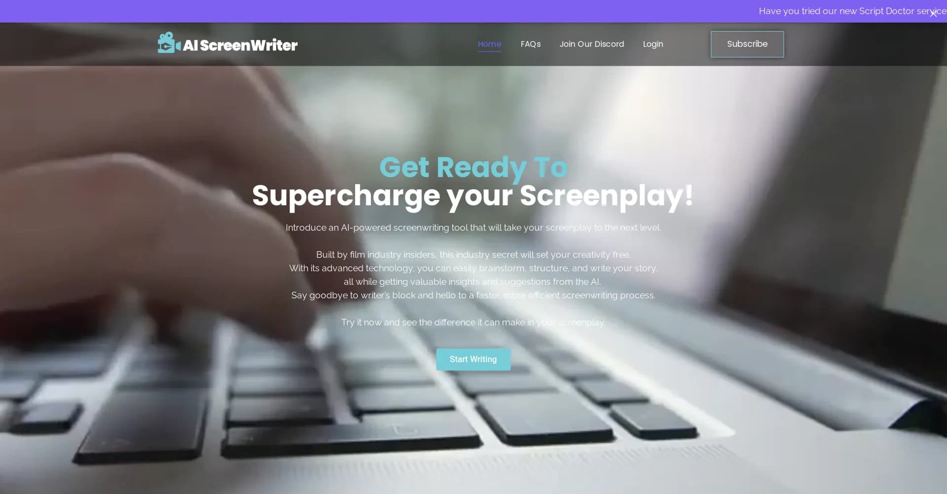 AI Screenwriter homepage screenshot — Supercharge your screenplay with AI-powered creativity.