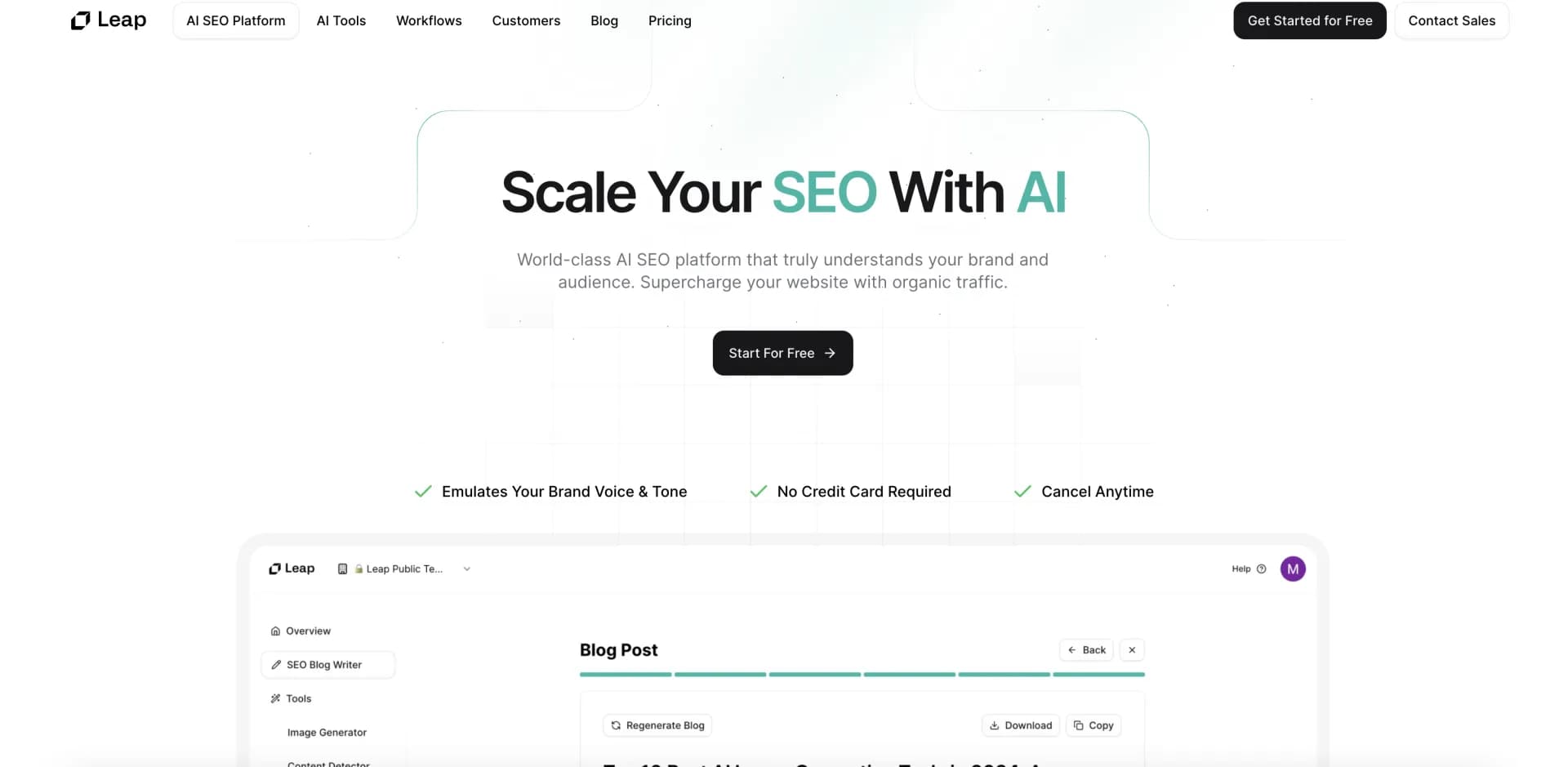 AI SEO by Leap homepage screenshot — Supercharge your website with AI-driven SEO