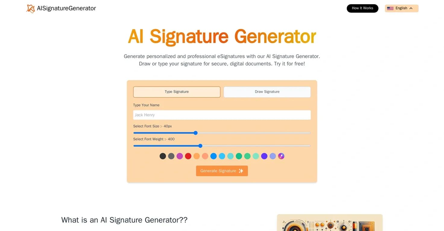 AI Signature Generator homepage screenshot — Create personalized eSignatures instantly with AI.