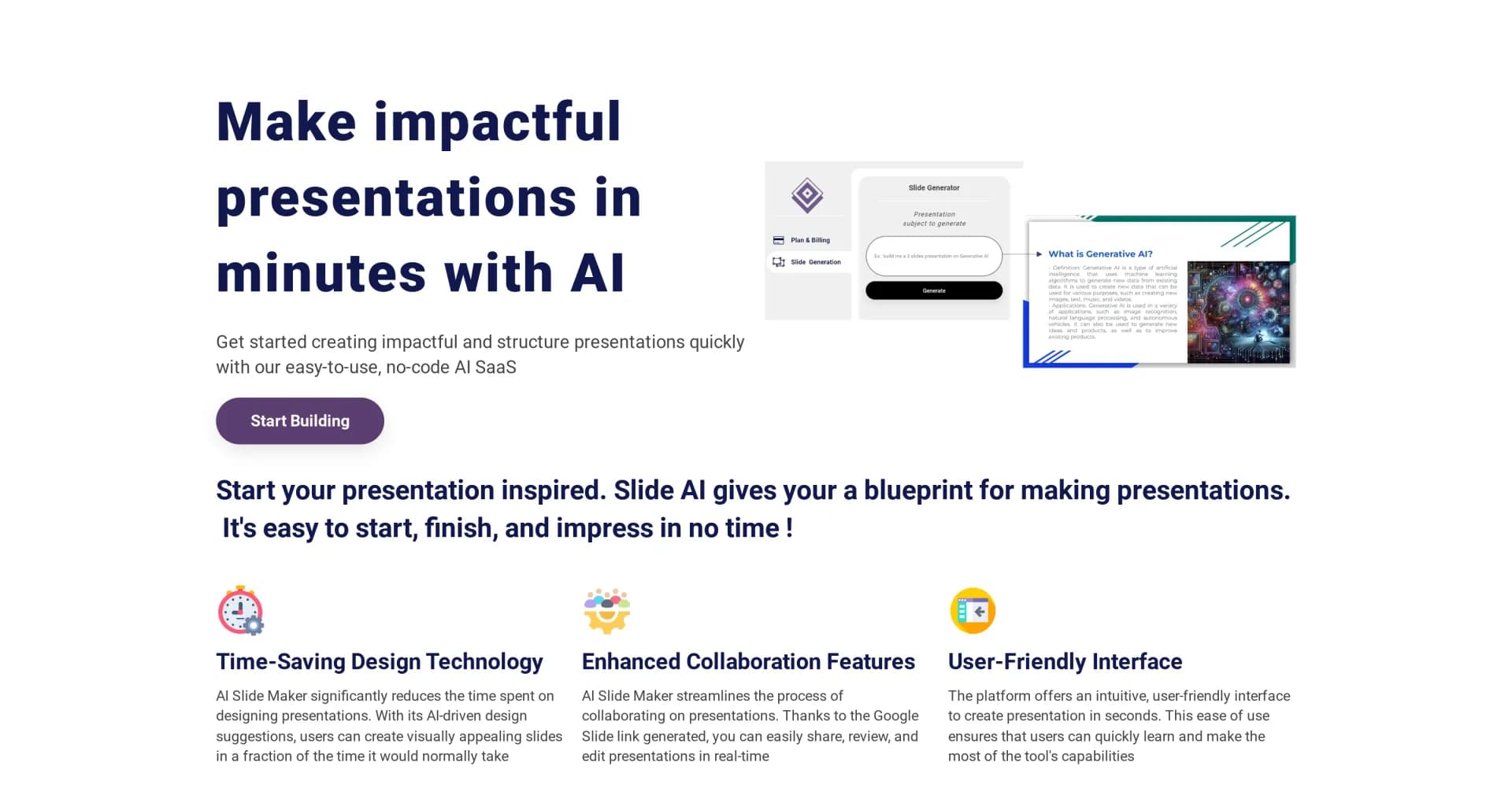 AI Slide Maker homepage screenshot — Build web apps without code.