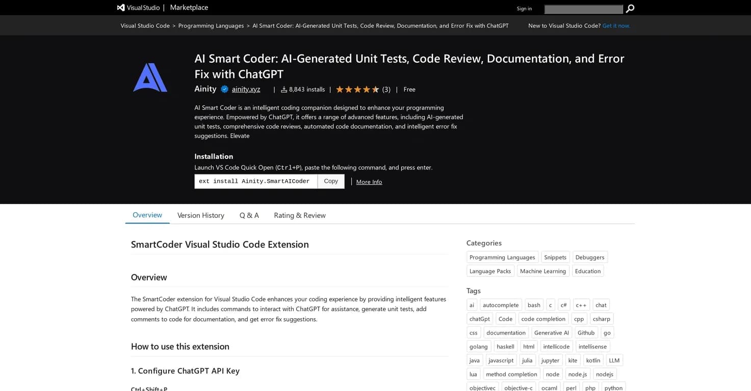 AI Smart Coder homepage screenshot — Enhance coding with AI-powered tests, reviews, docs, and fix