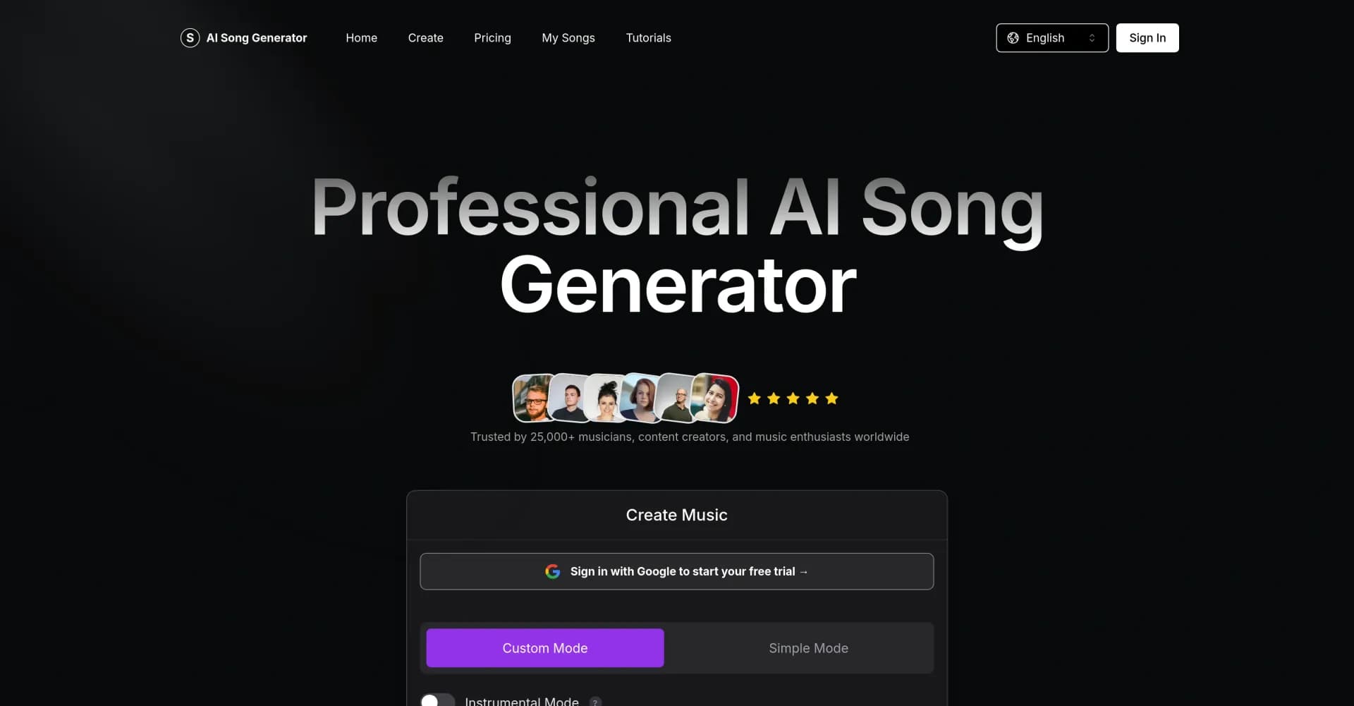 AI Song Generator AI homepage screenshot — Transform ideas into beautiful songs instantly with AI