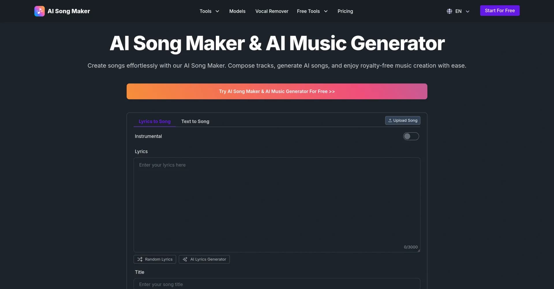 AI Song Makerv1.1.0 homepage screenshot — Create royalty-free songs effortlessly with AI