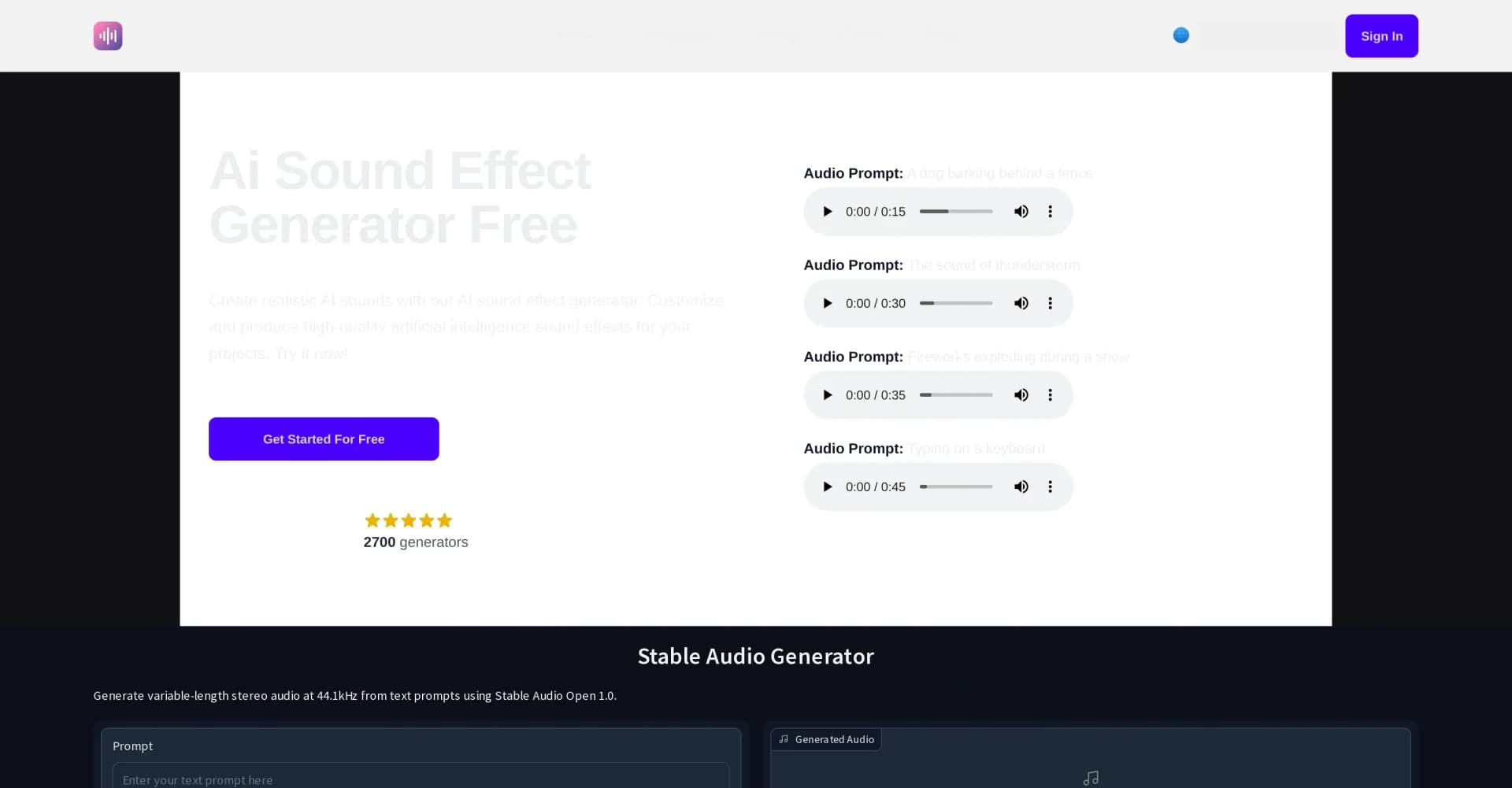 AI Sound Effect Generator homepage screenshot — Create unique sound effects instantly with AI.