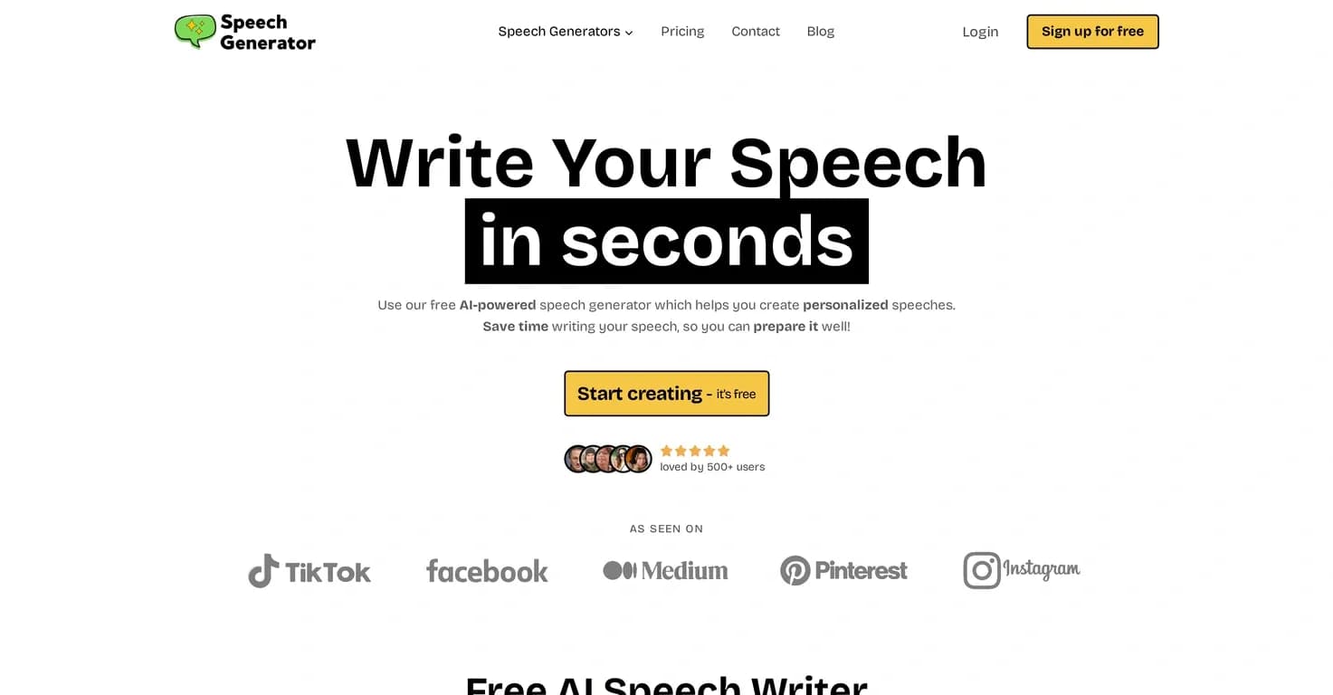 AI Speech Generator homepage screenshot — Craft compelling speeches in seconds with AI