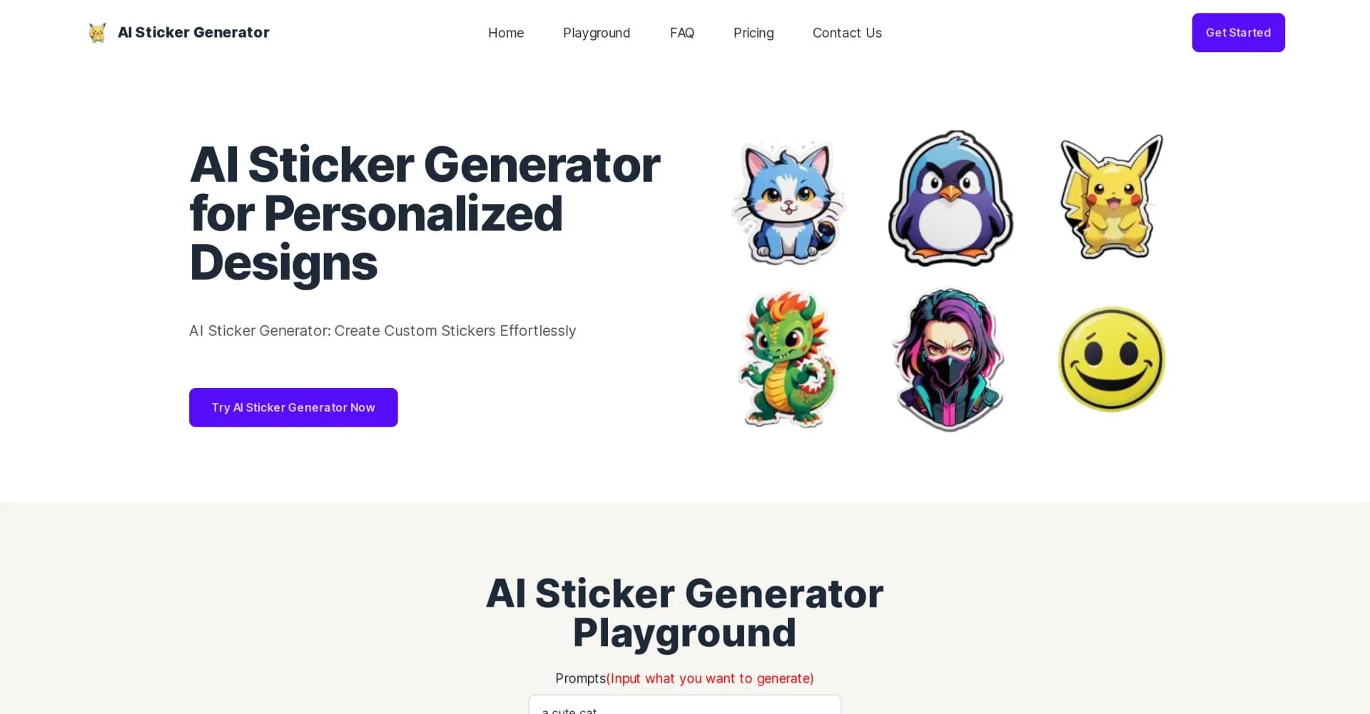 AI Sticker Generator homepage screenshot — Create custom stickers effortlessly with AI