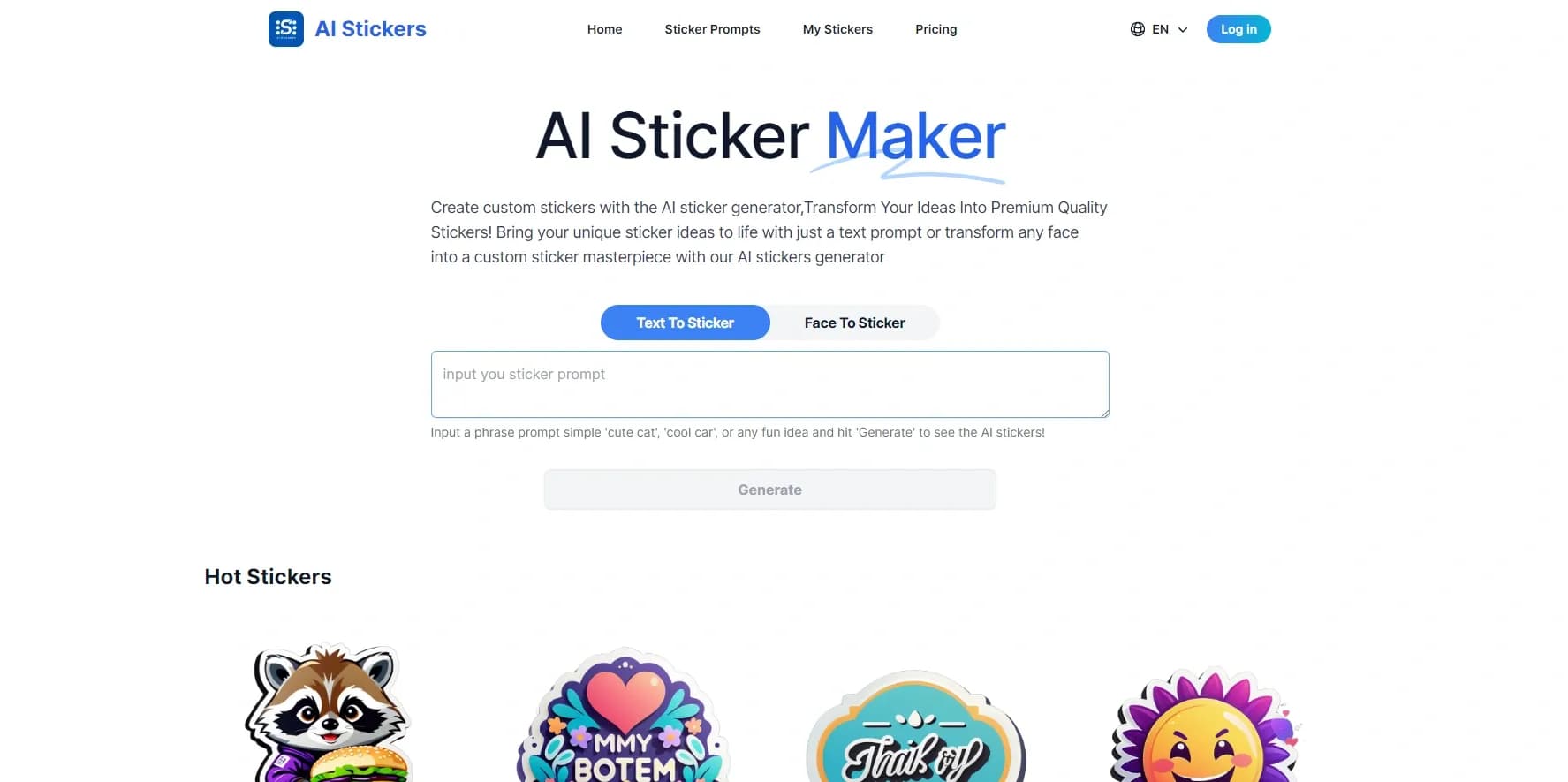 AI Stickers homepage screenshot — Transform ideas into custom AI-generated stickers
